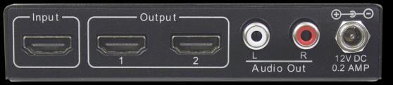Back Panel 1 2 3 4 5 1. HDMI input Connect to HDMI source. 2. HDMI outputs 1 and 2 Connect to display(s). 3. Stereo audio out RCA connector pair, extracts audio from HDMI source, will mute if source is configured for multichannel audio 4.