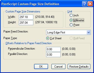If Custom Size is selected in the above setting, the following dialog is indicated.