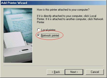 12. Select the Network Printer. Click Next button to the next step. 13. Specify the port name of the printer server.