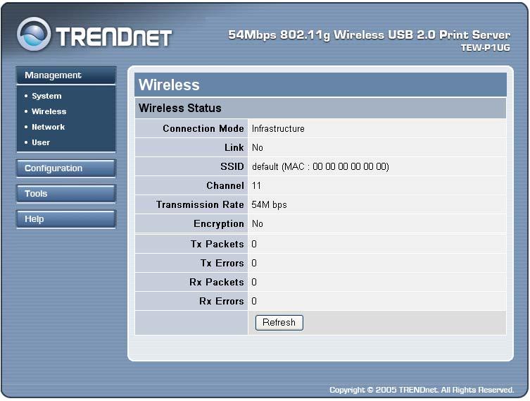 Management Wireless Click the Wireless item in the left column to display the information of the wireless LAN. Clicking Refresh will update the information.