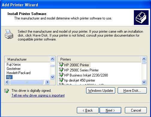 The Printer Install Wizard will now prompt for drivers.