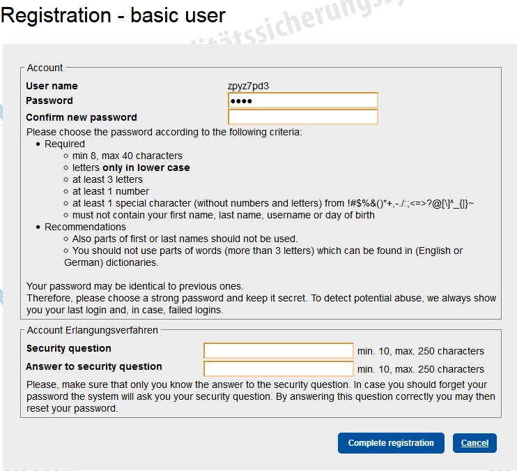 Registering as an Applicant A registration page with your username will appear (1). Create a password (2) and choose a security question and an answer to this question (3).