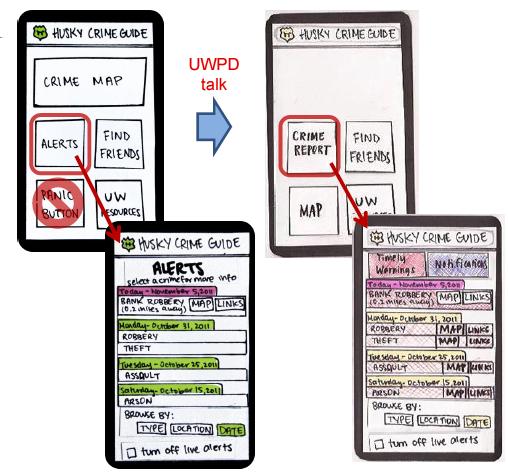 Figure 2: The evolution of the Crime Reports interface. On the left is a sketch of the original alert system. On the right is the design after speaking with the UWPD. C. Web Application The last interface that underwent major changes was the web application.