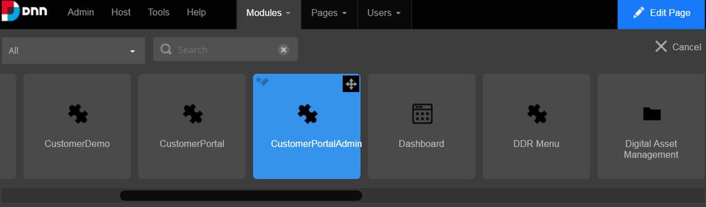 Drag & Drop the module for Customer Portal Admin to the content page.