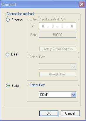 Configuration 1 Load Firmware Set As Slave Function Click to connect to a device via an IP number or serial port. Click to disconnect the device Click to show the device properties dialog box.