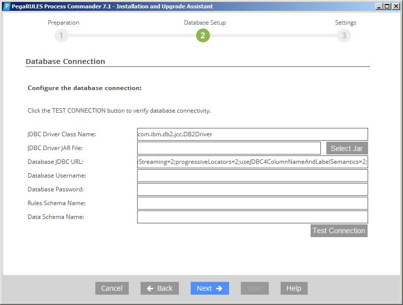 Complete the fields to specify the database connection to your PRPC database.