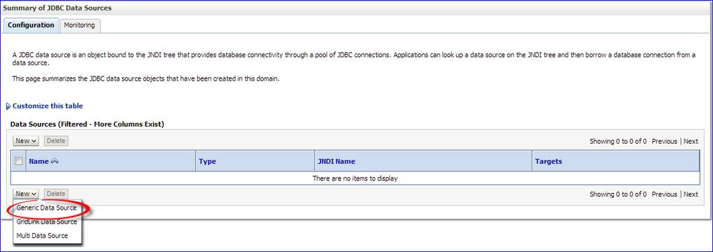 The Summary of JDBC Data Sources page displays.