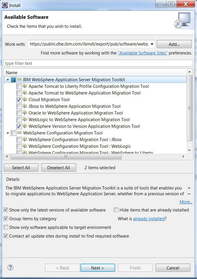 Figure 2. Selecting migration toolkit features c. In the Install Details window, click Next. d. In the Review Licenses window, read the terms and accept any license agreements.