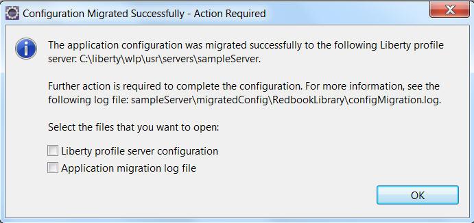 The selected Liberty server now contains the updated configuration. The server.xml file contains an include of the server-updates-for-application.xml file. The updated configuration includes the following files: File name server.