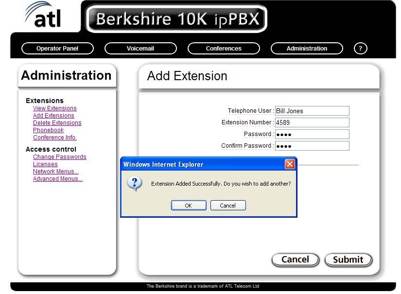 Add Extensions This webpage is used to add new telephone extensions.