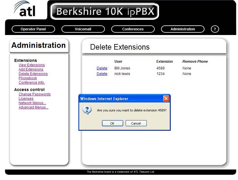 1.1.3. Delete Extensions This webpage displays a list of the existing telephone extensions and enables these extensions to be deleted.