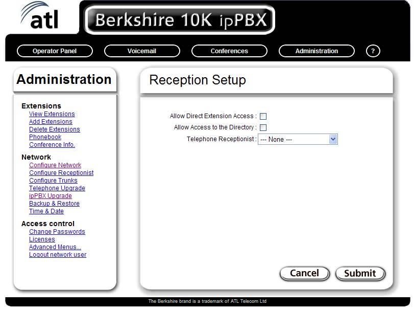 1.2.2. Configure Receptionist This webpage determines how incoming calls that are received over the trunk connections are handled.