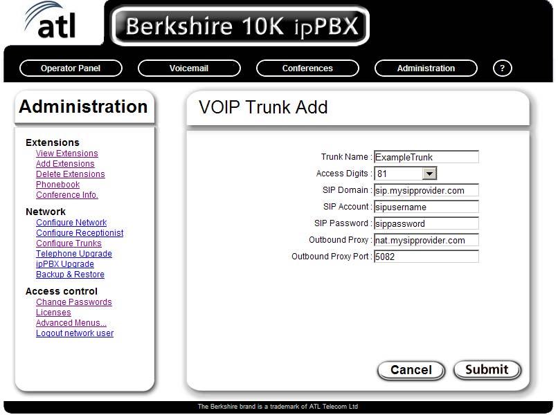 1.2.3. Configure Trunks This webpage shows the currently configured Voice over IP (VOIP) trunks and their status.