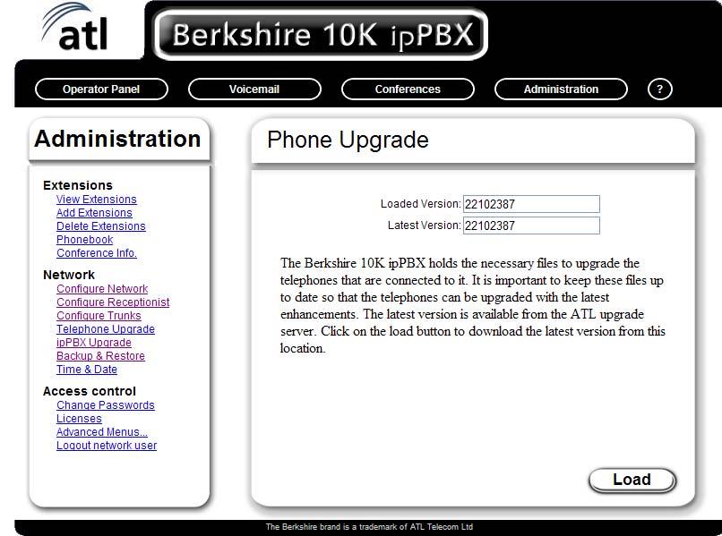 1.2.4. Telephone Upgrade This webpage is used to identify and download new versions of software for the Berkshire 5000 telephones.
