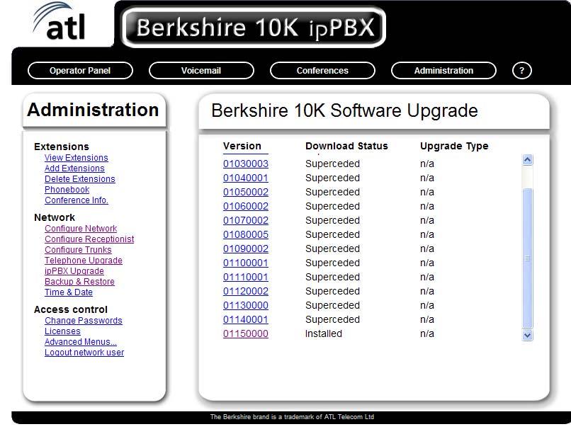 1.2.5. IpPBX Upgrade This webpage is used to identify and download new versions of software to upgrade the Berkshire 10K ippbx.