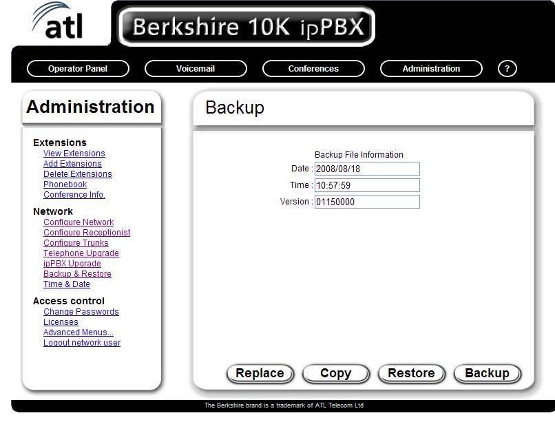 1.2.6. Backup & Restore This webpage can be used to make and restore backups of the ippbx. The date, time and compatibility version of the ippbx backup is displayed.