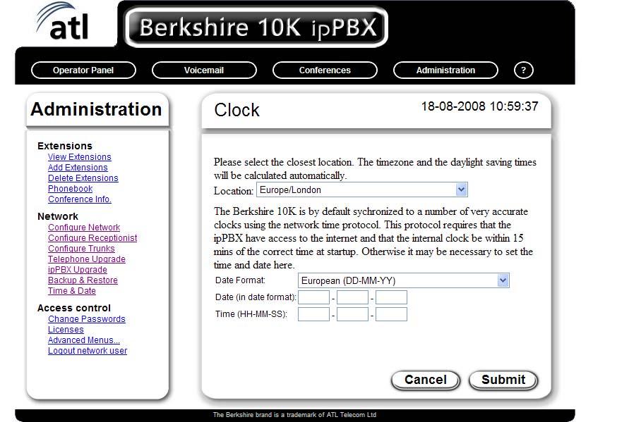 1.2.7. Time & Date This webpage can be used to set the time zone of the system clock on the Berkshire 10K ippbx. It can also be used to set the actual time.
