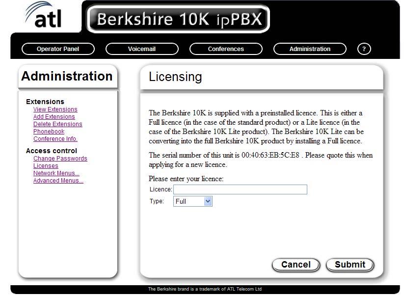 1.4.2. Licenses This webpage is used to install Berkshire 10K ippbx licences.