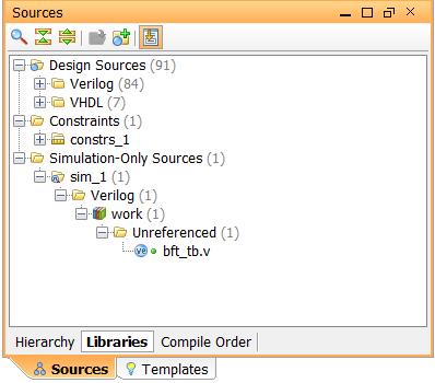 Step 2: Using the Sources View and the Text Editor Configuring Simulation Source Files 10. In the Sources view, Libraries tab, expand the Verilog folder and the work subfolder. 11.