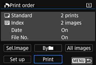 Printing Printing by Specifying the Options Print by specifying the printing options. 1 2 Press <0>. Select [Print order]. The [Print order] screen will appear. 3 4 5 6 Set the printing options.