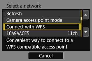Connecting via WPS (PIN Mode) 4 Select an item. Use <5> or <9> to select an item, then press <0>. When you select [w] (Upload to Web service), a screen to select a Web service is displayed.