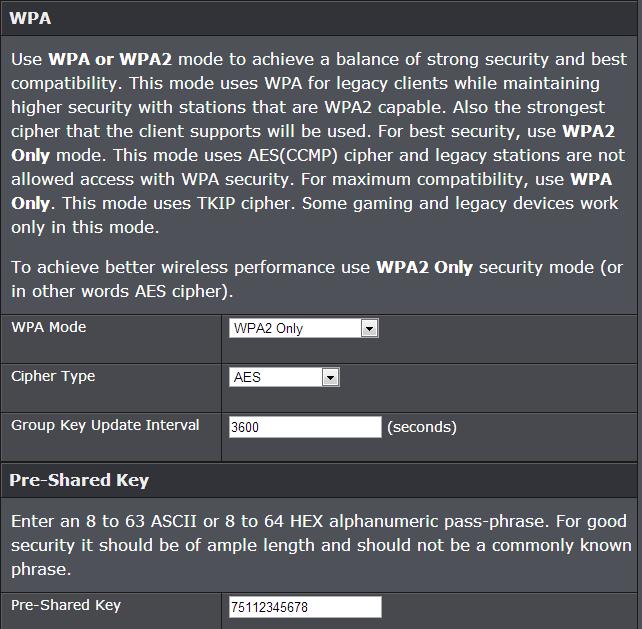Selecting WPA-Personal with Auto (WPA or WPA2)/WPA Only/WPA2 Only (WPA2 Only recommended): In the Security Mode drop-down list, select WPA-Personal.