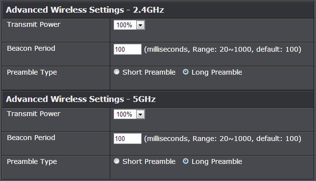 Advanced wireless settings Wireless > Advanced These settings are advanced options that can be configured to change advanced wireless broadcast specifications.