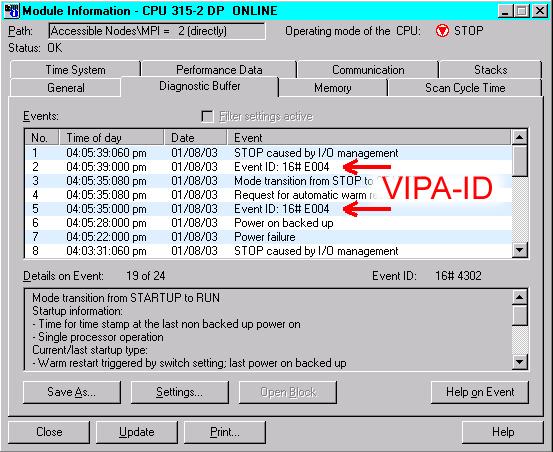 Manual VIPA HMI Chapter 3 Deployment CC 03 - CC-CPU VIPA specific diagnostic entries Entries in the diagnostic buffer You may read the diagnostic buffer of the CC-CPU via the Siemens manager.