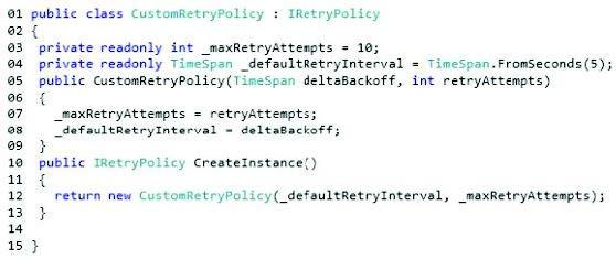 You need to insert code at line 14 to implement the retry policy.