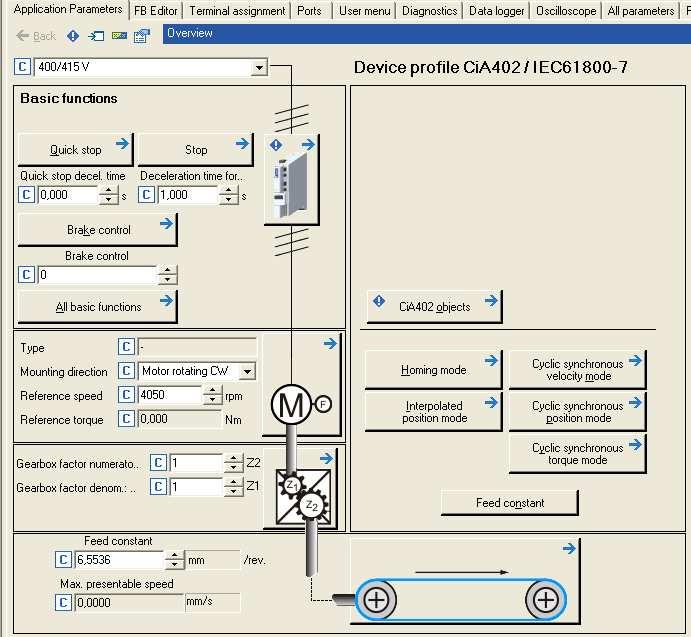 For each mode there is a separate dialog available in the Lenze engineering software.
