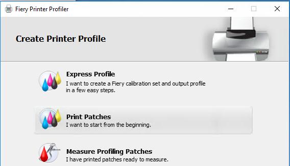 Start Fiery Color Profiler Suite (FCPS) 3. Click on the Printer icon. 4. Click on Print Patches 5.