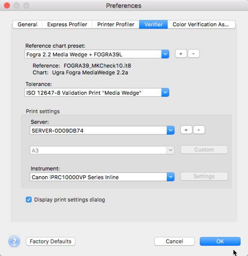 The first time you use Fiery Color Verifier with the C10000 and the inline sensors you will need to set the preferences as follows.