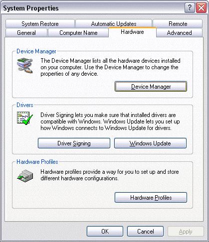 Select the Hardware tab and press the Device Manager button to show all the hardware aspects of your PC.