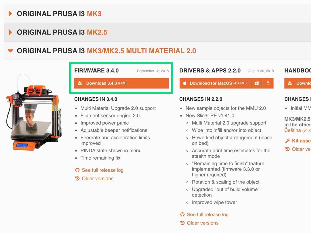 Step 6 Download the new firmware Go back to prusa3d.com/drivers to get the firmware for your printer. Download the zip file with the firmware for the MMU2 to your computer and unzip it.