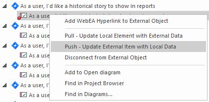 Update External Item ('Push' changes) If either the local element or external item have been modified since the items were created or linked, an indicator will be shown on top of the item's icon.