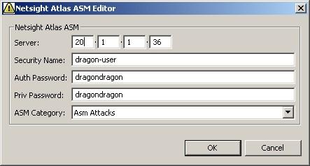 In the Netsight Atlas ASM Editor popup that appears, Server is set to the IP address of the Netsight Atlas Security Manager as depicted in Figure 1.