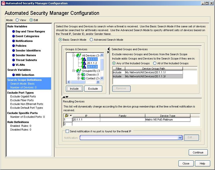 4. In the Automated Security Manager Configuration window that appears, select Edit for Mode. Click Search Scope Definitions in the left pane.