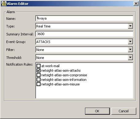 For this configuration, an alarm was set to occur if an event from Event Group ATTACKS was detected.