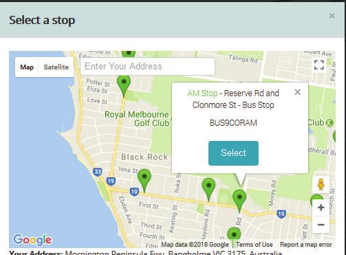 In the map you can enter your address / scroll / zoom to find the right stop for your child. Click the Stop Pin to reveal the Stop Name and Select button.