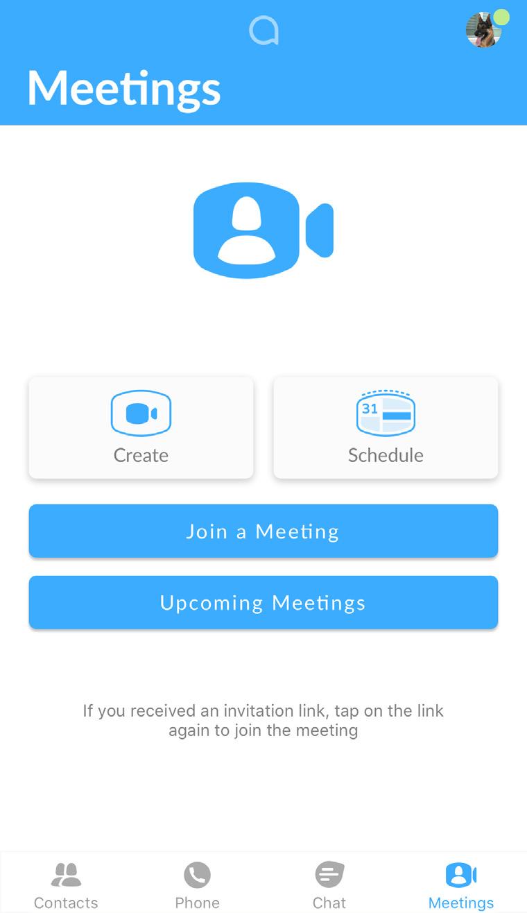 Navigating the Meetings Tab Accession Communicator users who add Accession Meeting to their class of service will be able to utilize Accession Meeting on their app to create and join video meetings.