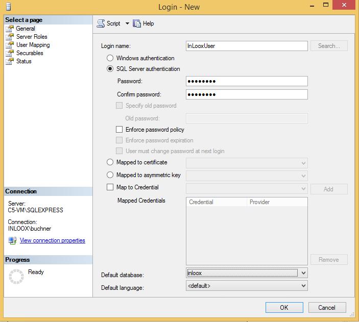 6. Select SQL Server-Authentication in the next dialog and enter a user name and a password.