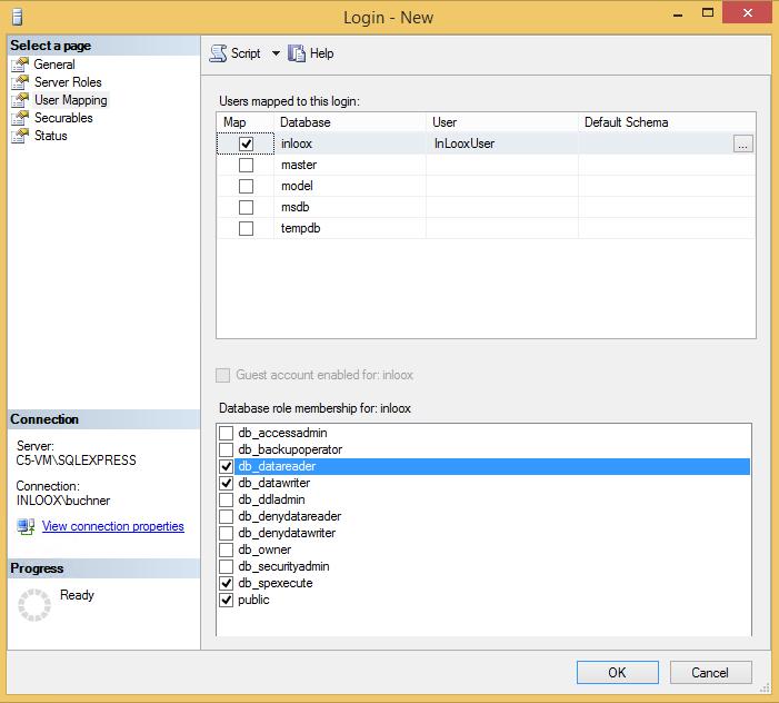 Click on User Mapping, select the database (InLoox) and set the permissions public, db_datareader, db_datawriter,