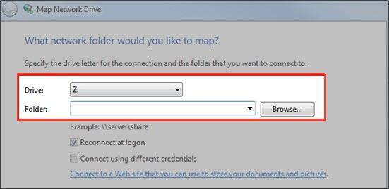 In the Map Network Drive dialog box, configure the appropriate drive and folder. In the Drive drop-down menu, select a drive letter.