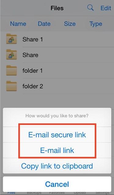 Press the Share button. 3. To send a share link, press the E-mail link option. Alternatively, to send a secure share, press the E-mail secure link option.