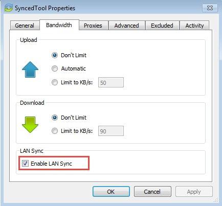3. Click the Bandwidth tab to configure how fast content is uploaded to the server or to configure LAN Sync.