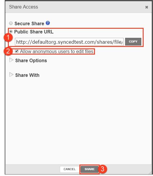 Select the Allow anonymous users to edit files checkbox to let anyone who launches the share link to edit the file using the Collaborative Web Editor. Click the Share button to save your settings.