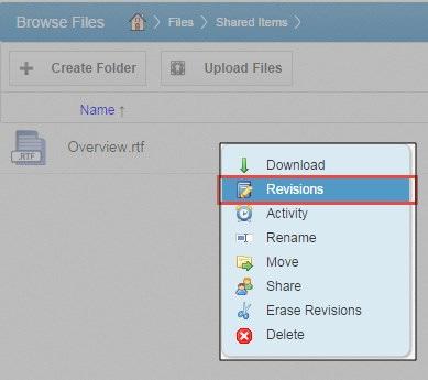 2. Alternatively, if you are working in the web portal, right-click a file and select Revisions. The Browse File Revisions page displays, listing all revisions of the file. 3.