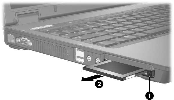 PC Cards (select models only) 3. To remove the PC Card: a. Press the PC Card slot eject button 1.