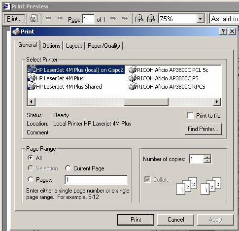 3. Click on the Print button, to bring up the Print dialog tool.