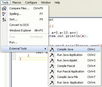 At this point, you should be able to compile your programs and run them from the tools menu. After you type in a program, click on Tools-External Tools-Compile Java.